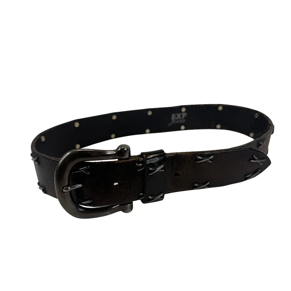 EXP Jeans Leather Belt Studded Whipstitch Brown Y2K Western Grunge Small USA